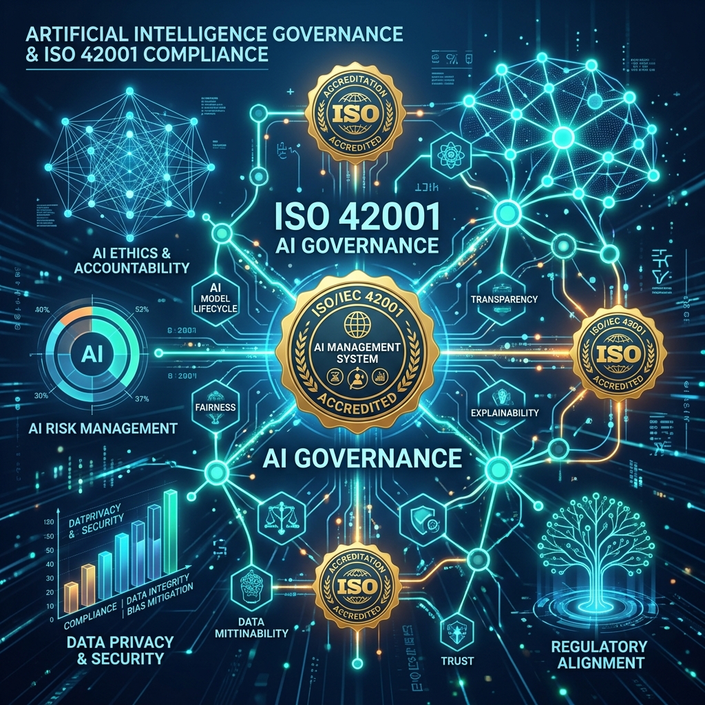 Futurista infografía sobre gobernanza de IA y certificación ISO 42001